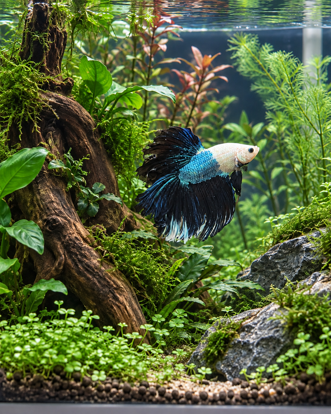 Yomi, a blue, black, and white betta fish swimming in a planted aquarium.